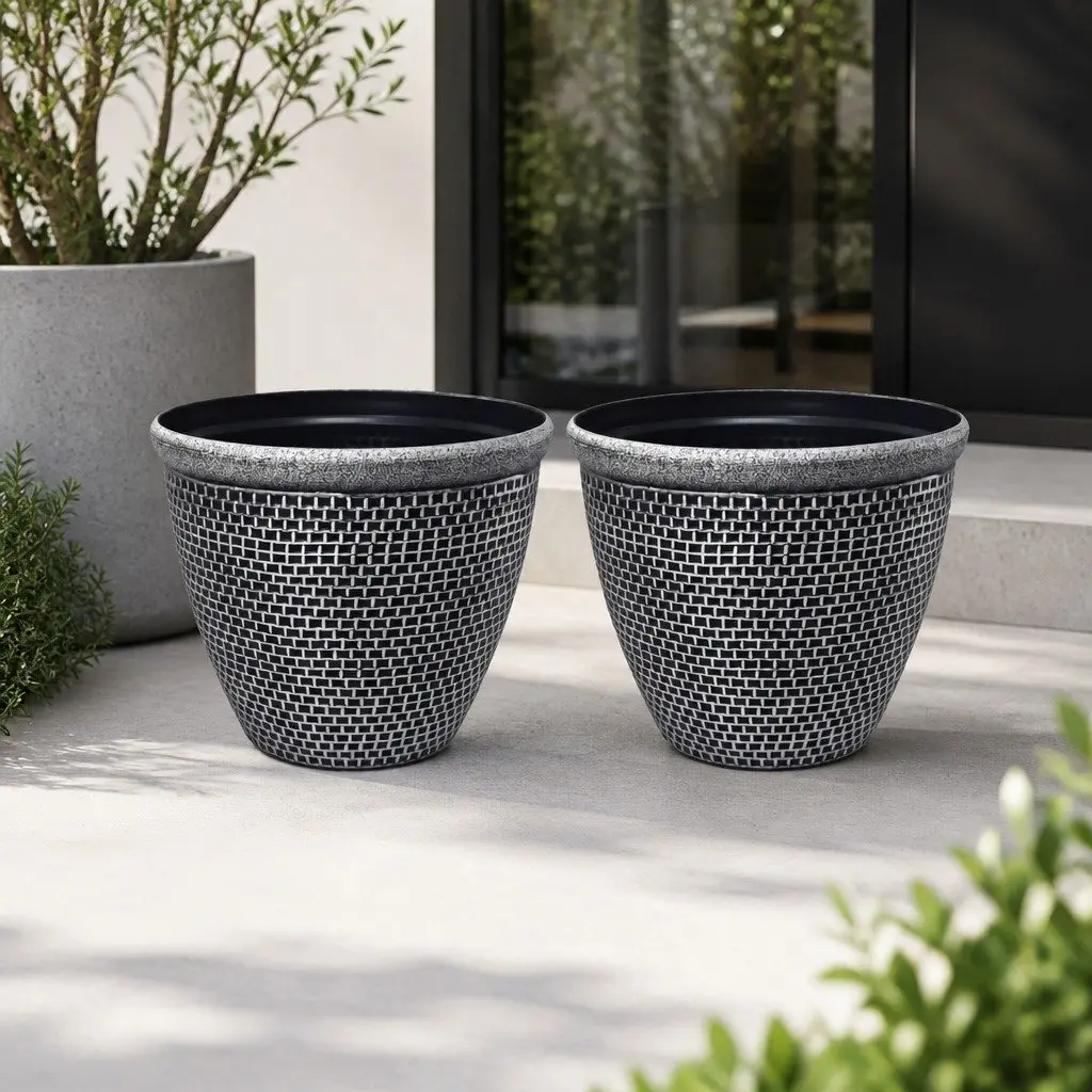 Plastic Plant Pots Outdoor Garden Planter 30cm Black Grey Set 2