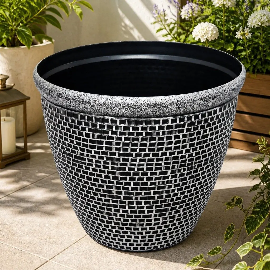 Plastic Plant Pots Outdoor Garden Planter 30cm Black Grey Set 2