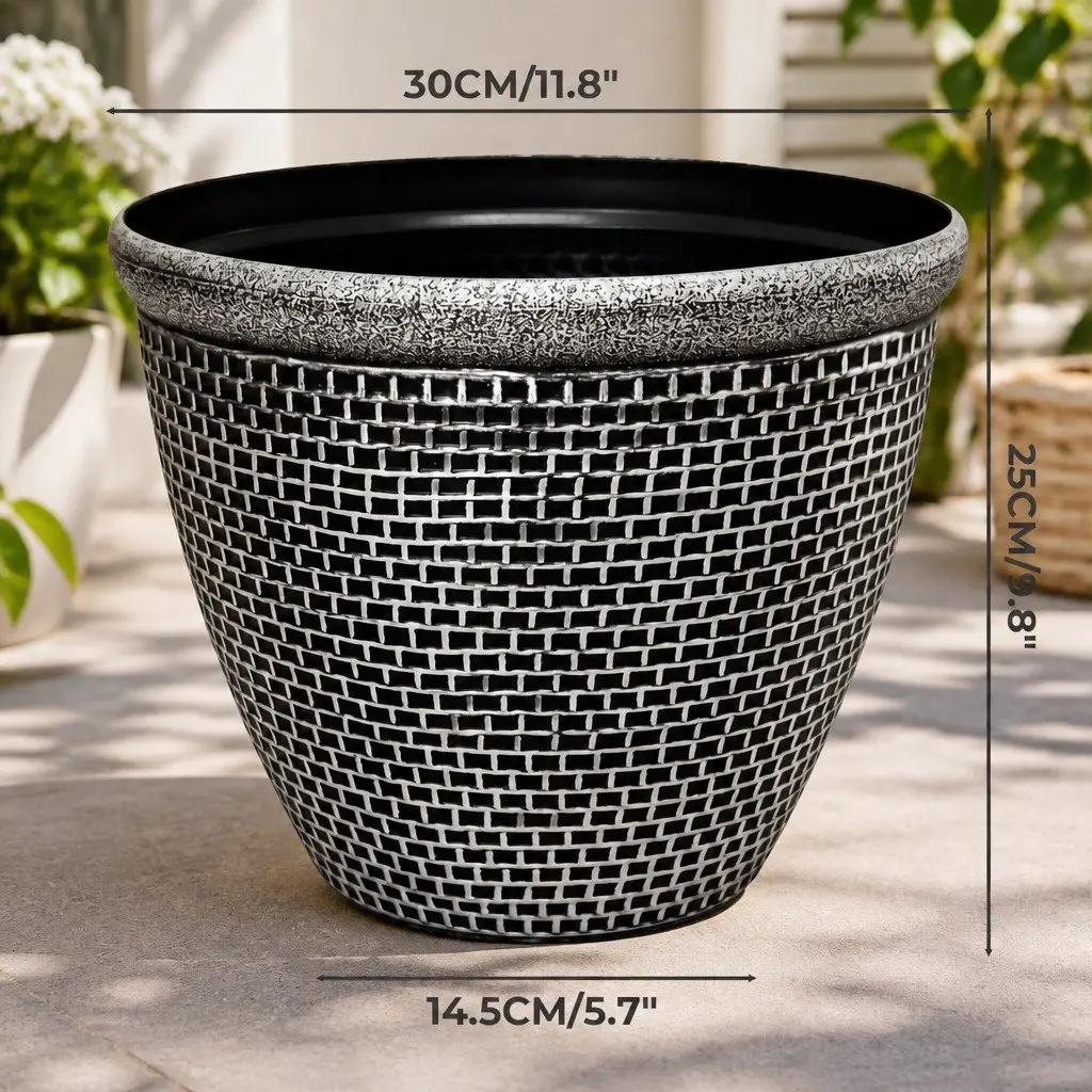 Plastic Plant Pots Outdoor Garden Planter 30cm Black Grey Set 2