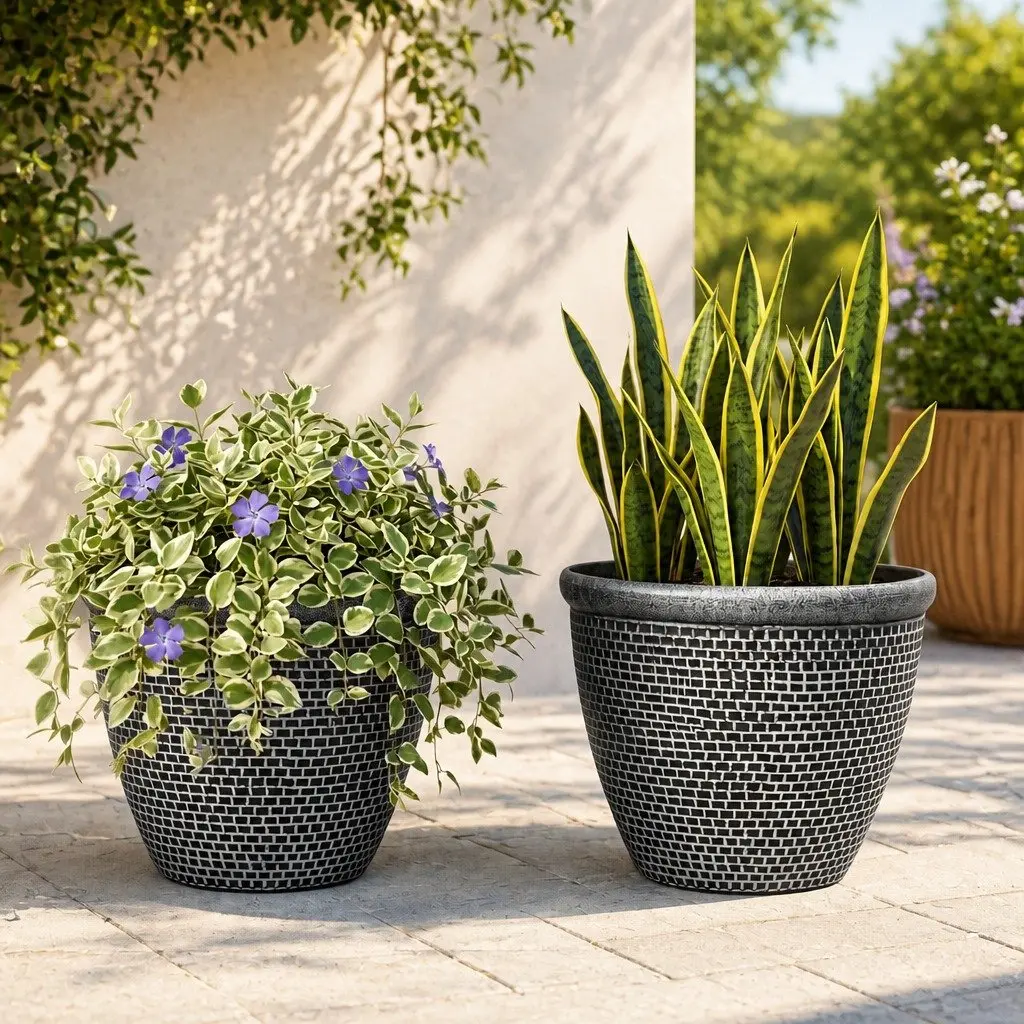 Plastic Plant Pots Outdoor Garden Planter 30cm Black Grey Set 2
