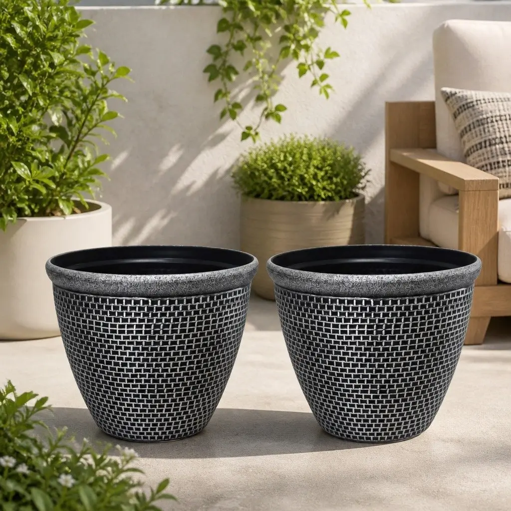 Plastic Plant Pots Outdoor Garden Planter 30cm Black Grey Set 2