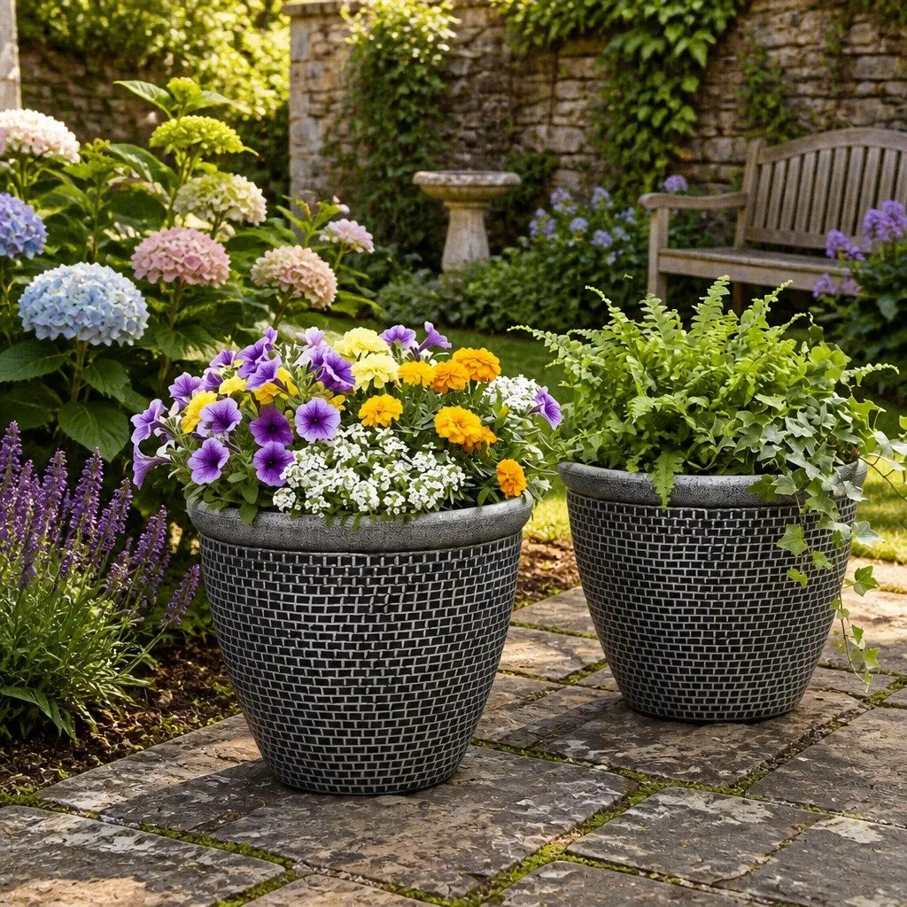 Plastic Plant Pots 36cm Outdoor Garden Planter Set 2 Pieces Drainage Holes