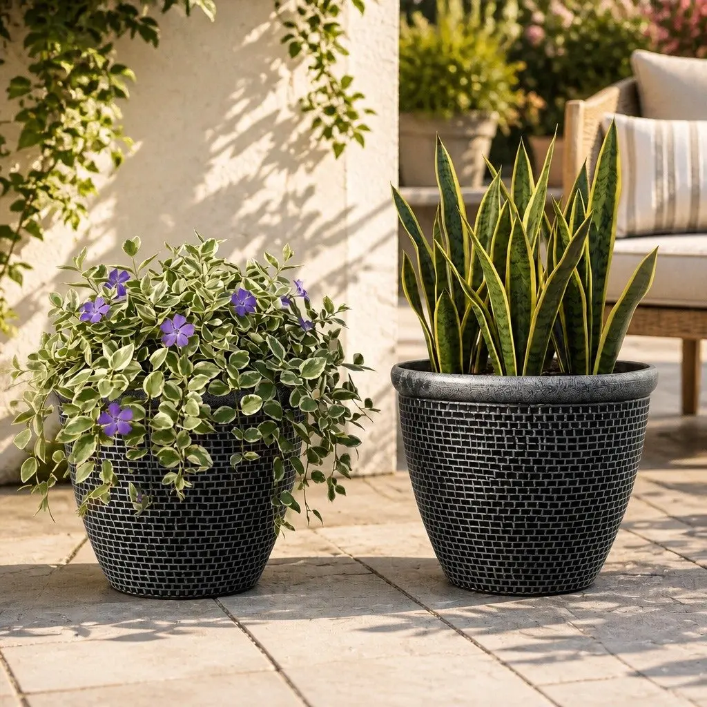 Plastic Plant Pots 36cm Outdoor Garden Planter Set 2 Pieces Drainage Holes