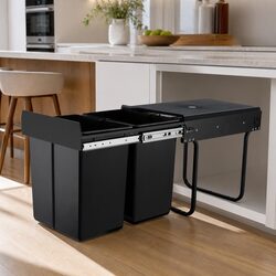 Pull Out Bin Kitchen Double Basket 2x20L Waste Storage Black Cabinet Organizer