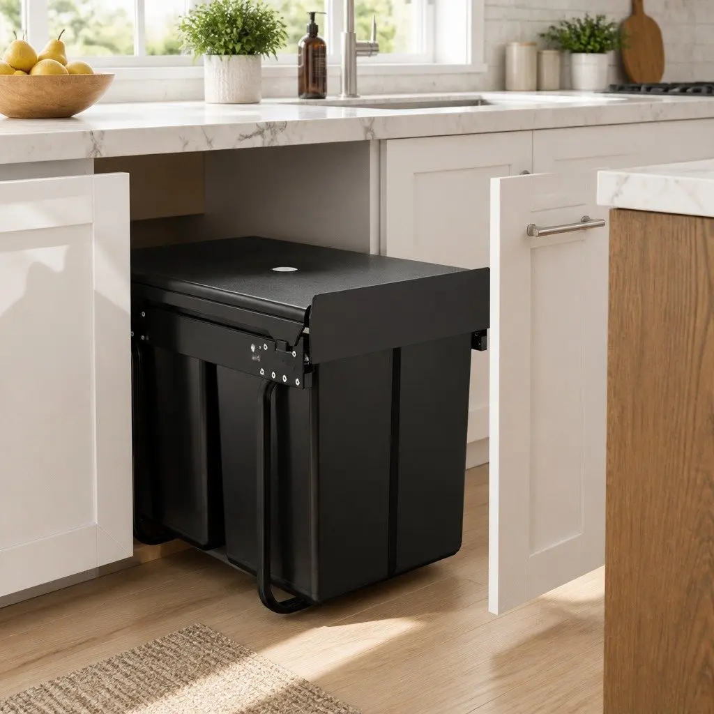 Pull Out Bin Kitchen Waste Storage 2x20L Black Cabinet Organizer