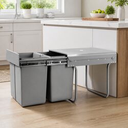 Pull Out Bin Kitchen Double Basket 2x20L Grey Under Bench Waste Organiser