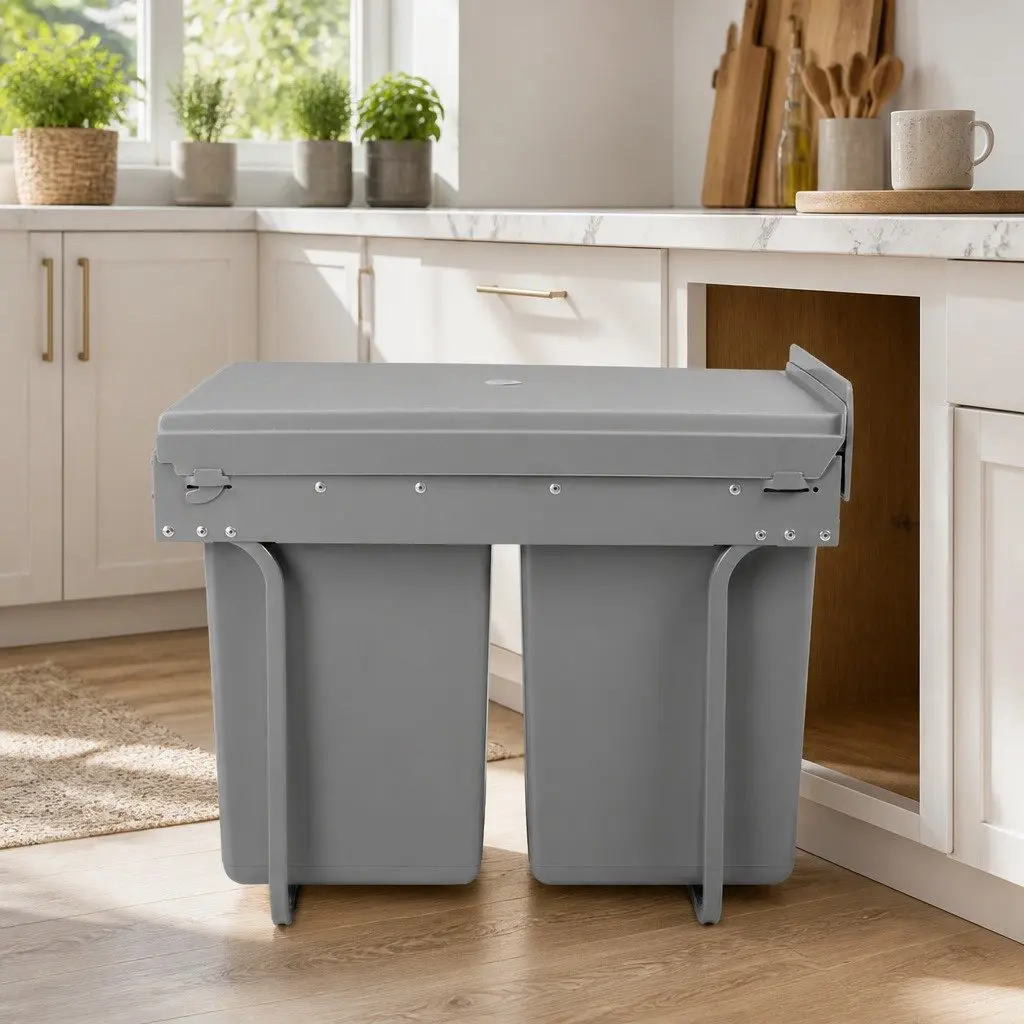 Pull Out Bin Kitchen Waste Organiser 2 Compartment 20L Grey