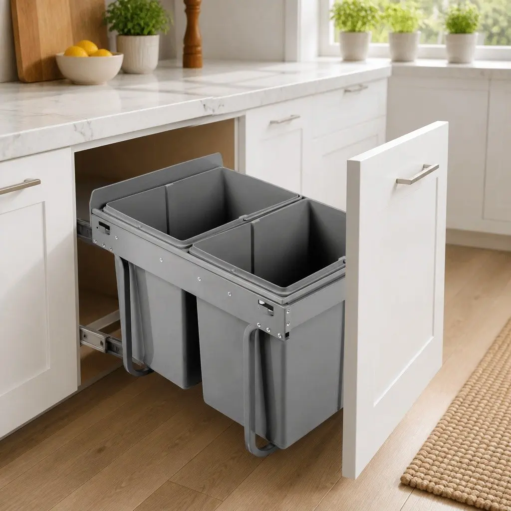 Pull Out Bin Kitchen Waste Organiser 2 Compartment 20L Grey