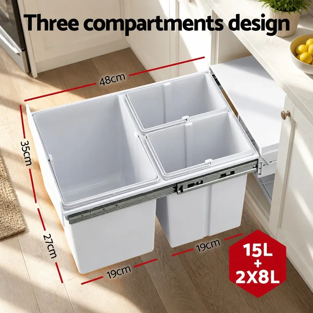Pull Out Bin Kitchen Waste Bins Triple Compartment 31L White