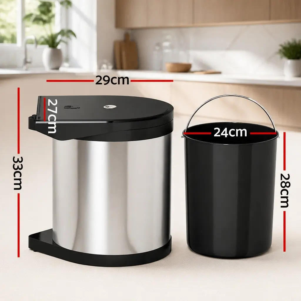 Pull Out Kitchen Bin 12L Silver Swing Out Waste Dustbin Trash Can