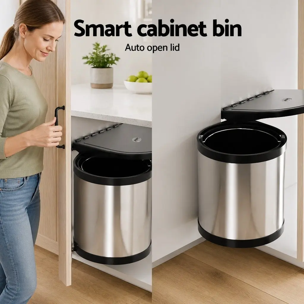 Pull Out Kitchen Bin 12L Silver Swing Out Waste Dustbin Trash Can