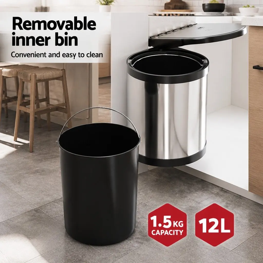 Pull Out Kitchen Bin 12L Silver Swing Out Waste Dustbin Trash Can