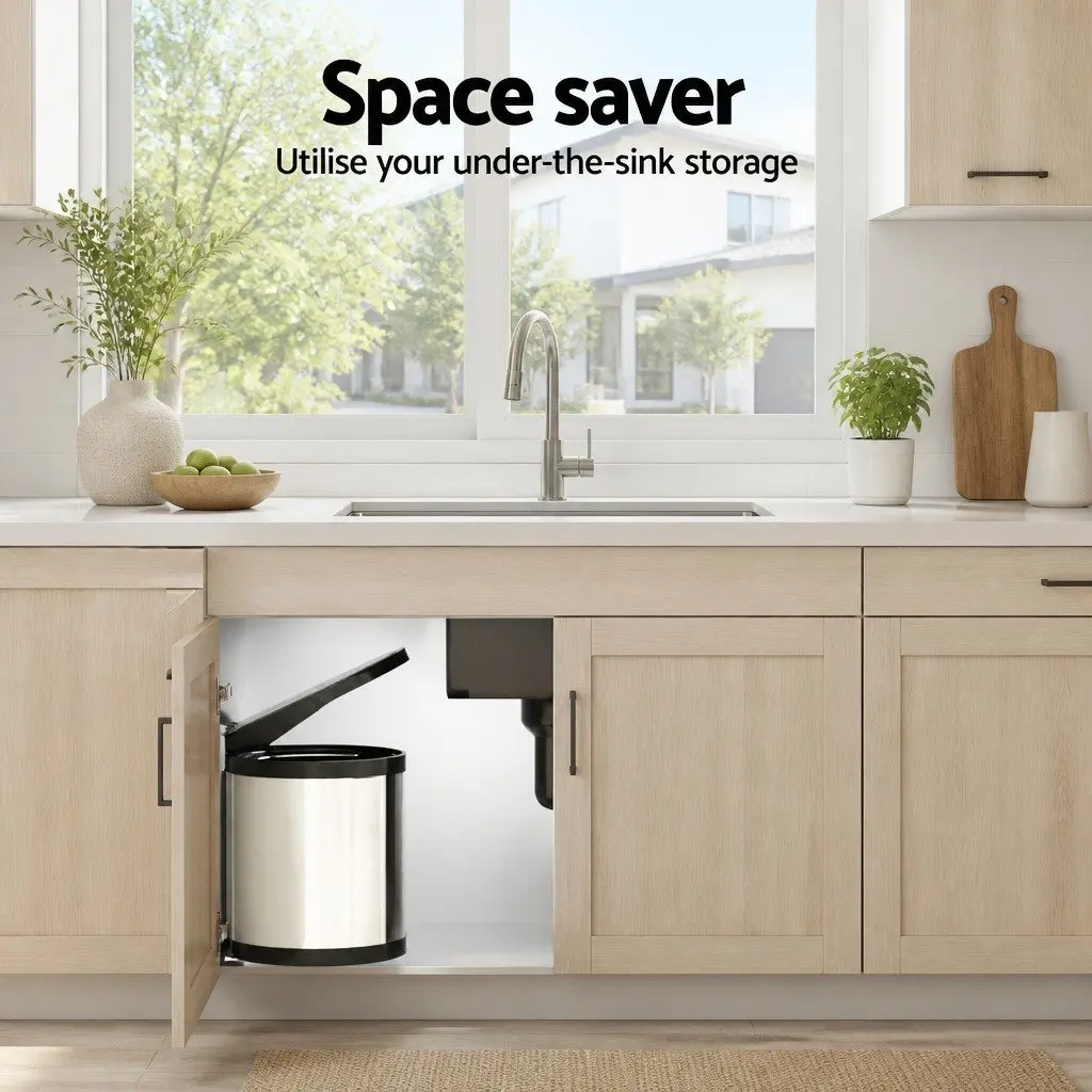 Pull Out Kitchen Bin 12L Silver Swing Out Waste Dustbin Trash Can