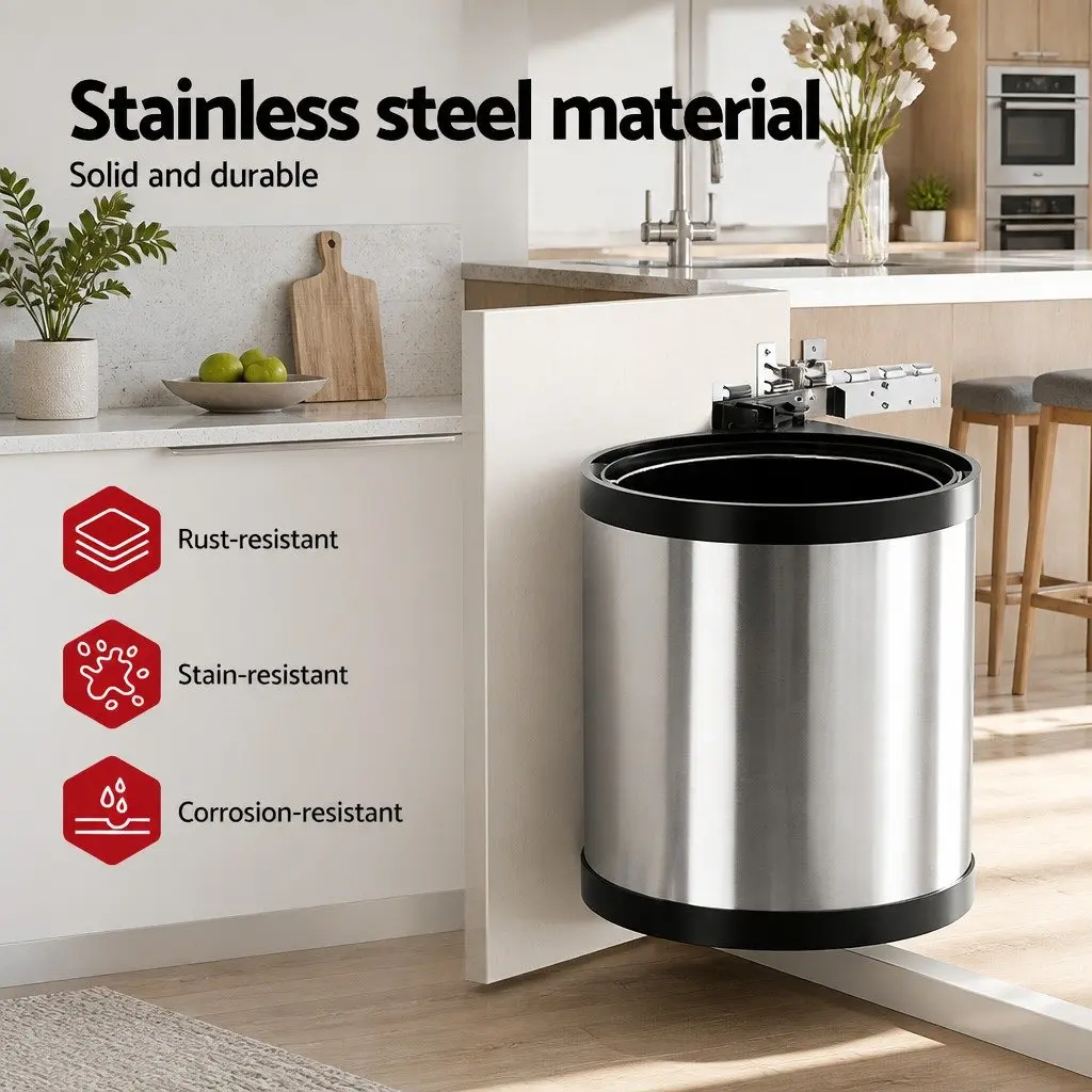 Pull Out Kitchen Bin 12L Silver Swing Out Waste Dustbin Trash Can