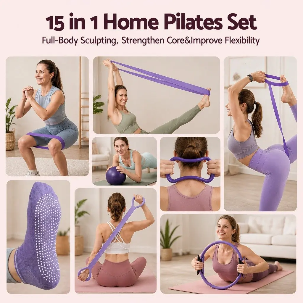 Pilates Ring Set Home Workout Equipment 34cm Pilates Ring 25cm Mini Yoga Ball Resistance Bands Purple