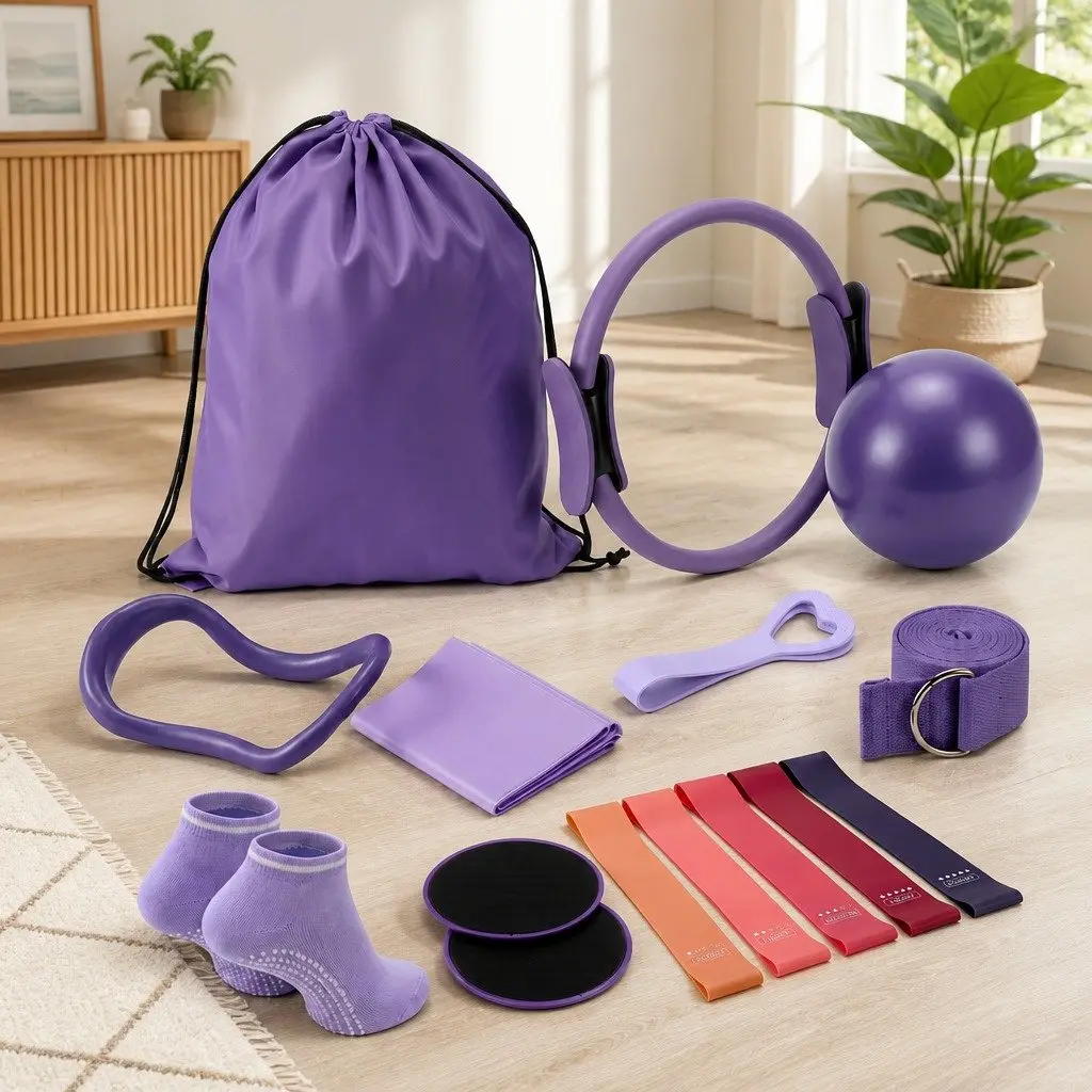Pilates Ring Set Home Workout Equipment 34cm Pilates Ring 25cm Mini Yoga Ball Resistance Bands Purple