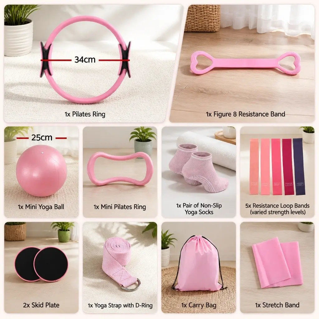 Pilates Ring Set 15 Pieces Home Workout Kit with Yoga Ball Resistance Bands