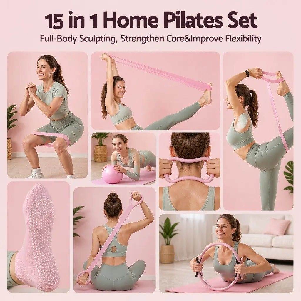 Pilates Ring Set 15 Pieces Home Workout Kit with Yoga Ball Resistance Bands