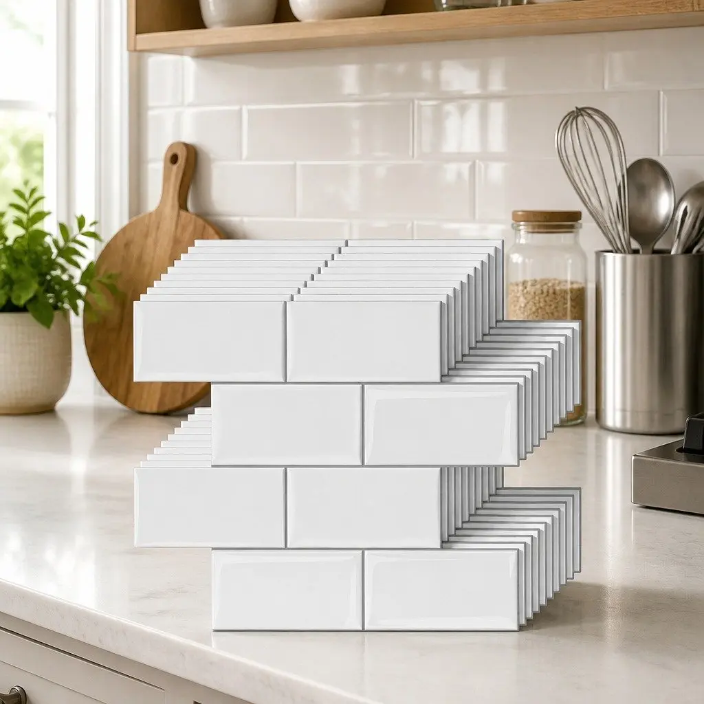 Peel and Stick Subway Tile Backsplash 3D Textured White 10 Sheets