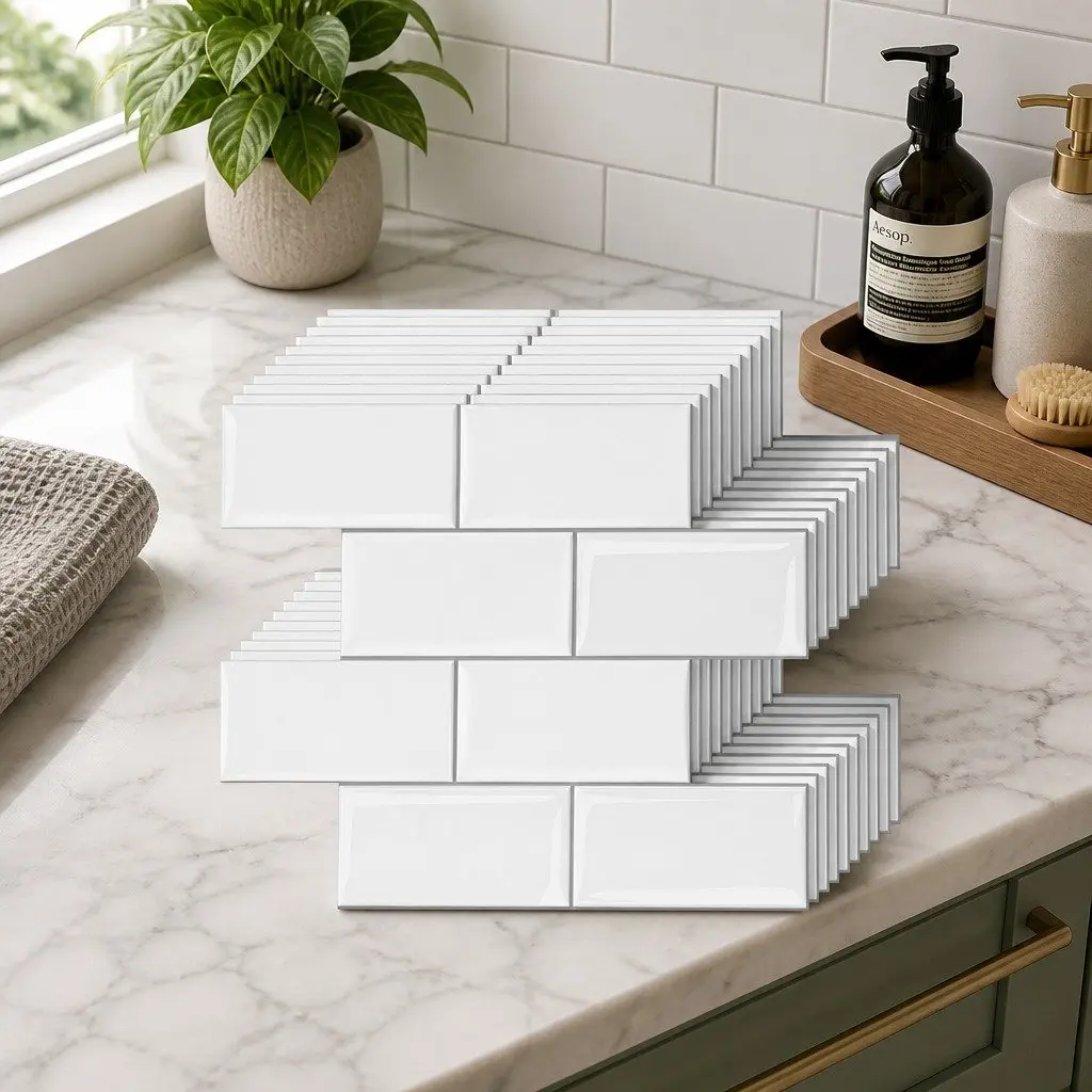 Peel and Stick Subway Tile Backsplash 3D Textured White 10 Sheets