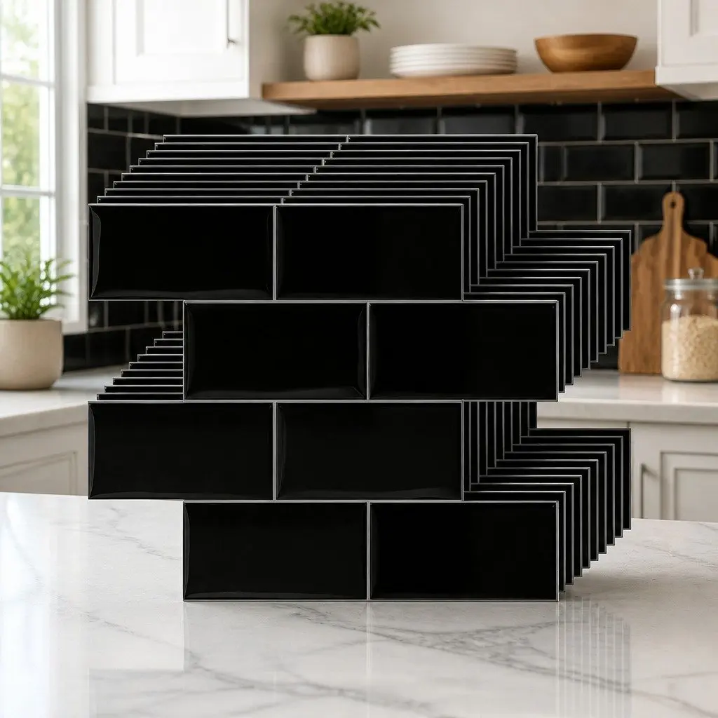 3D Peel and Stick Subway Tiles Self Adhesive Black 32 x 27 cm 10 Sheets