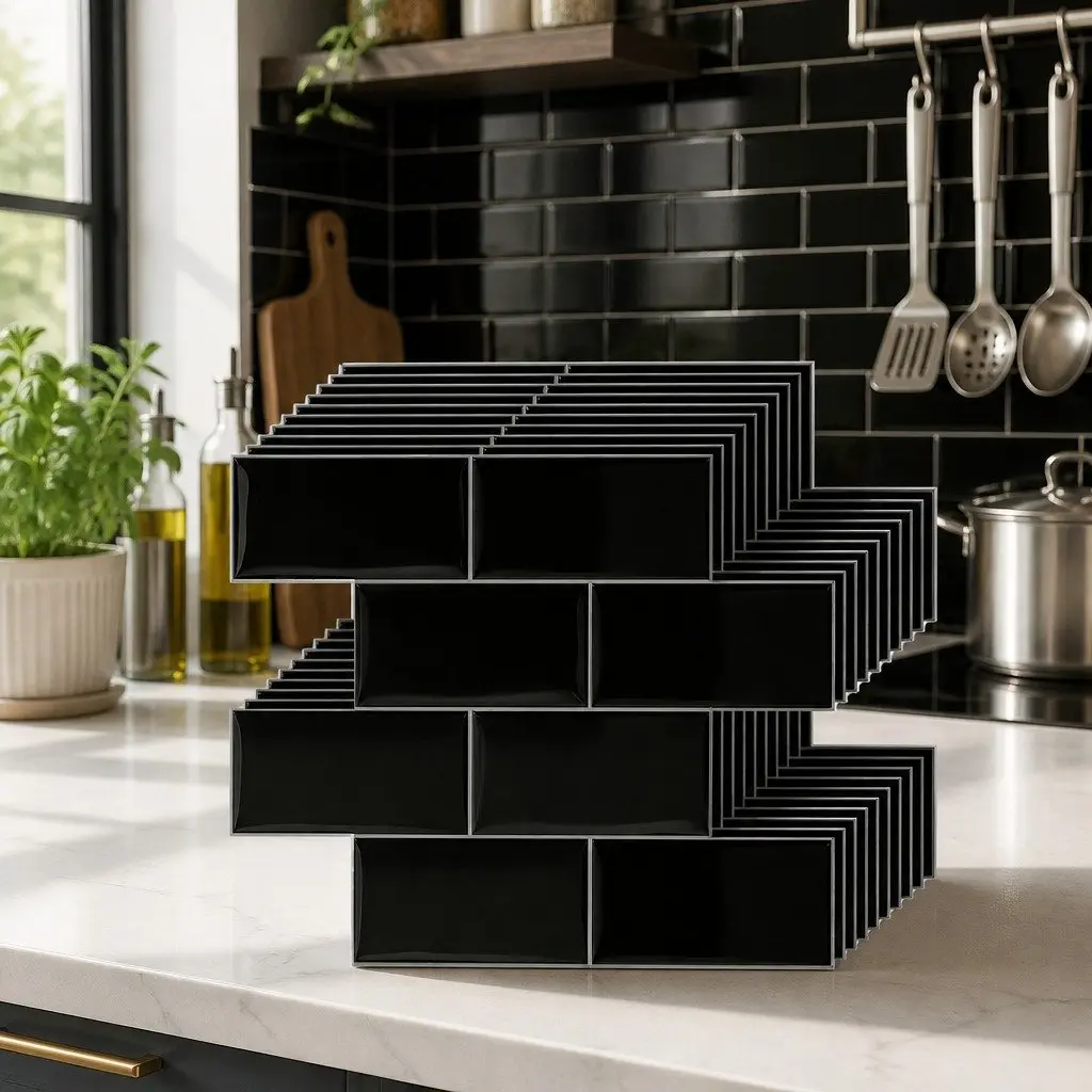 3D Peel and Stick Subway Tiles Self Adhesive Black 32 x 27 cm 10 Sheets