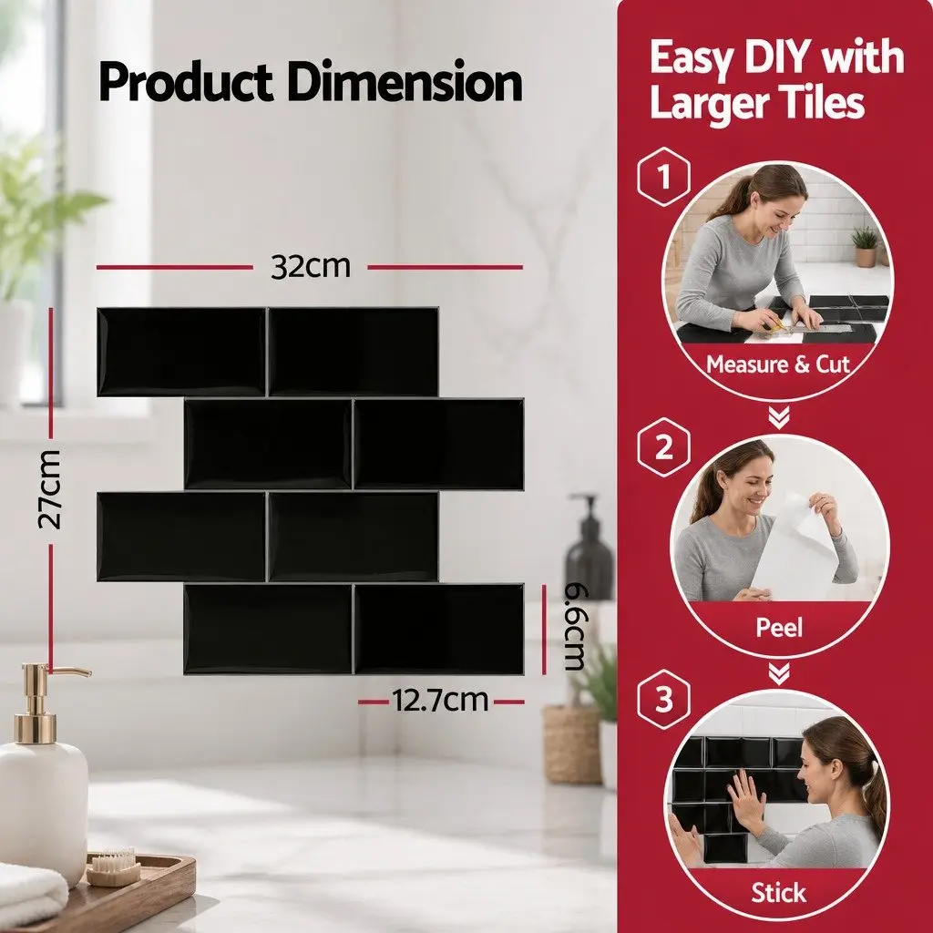 3D Peel and Stick Subway Tiles Self Adhesive Black 32 x 27 cm 10 Sheets
