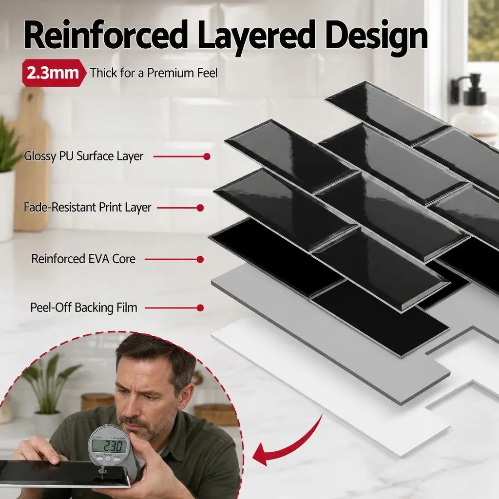 3D Peel and Stick Subway Tiles Self Adhesive Black 32 x 27 cm 10 Sheets