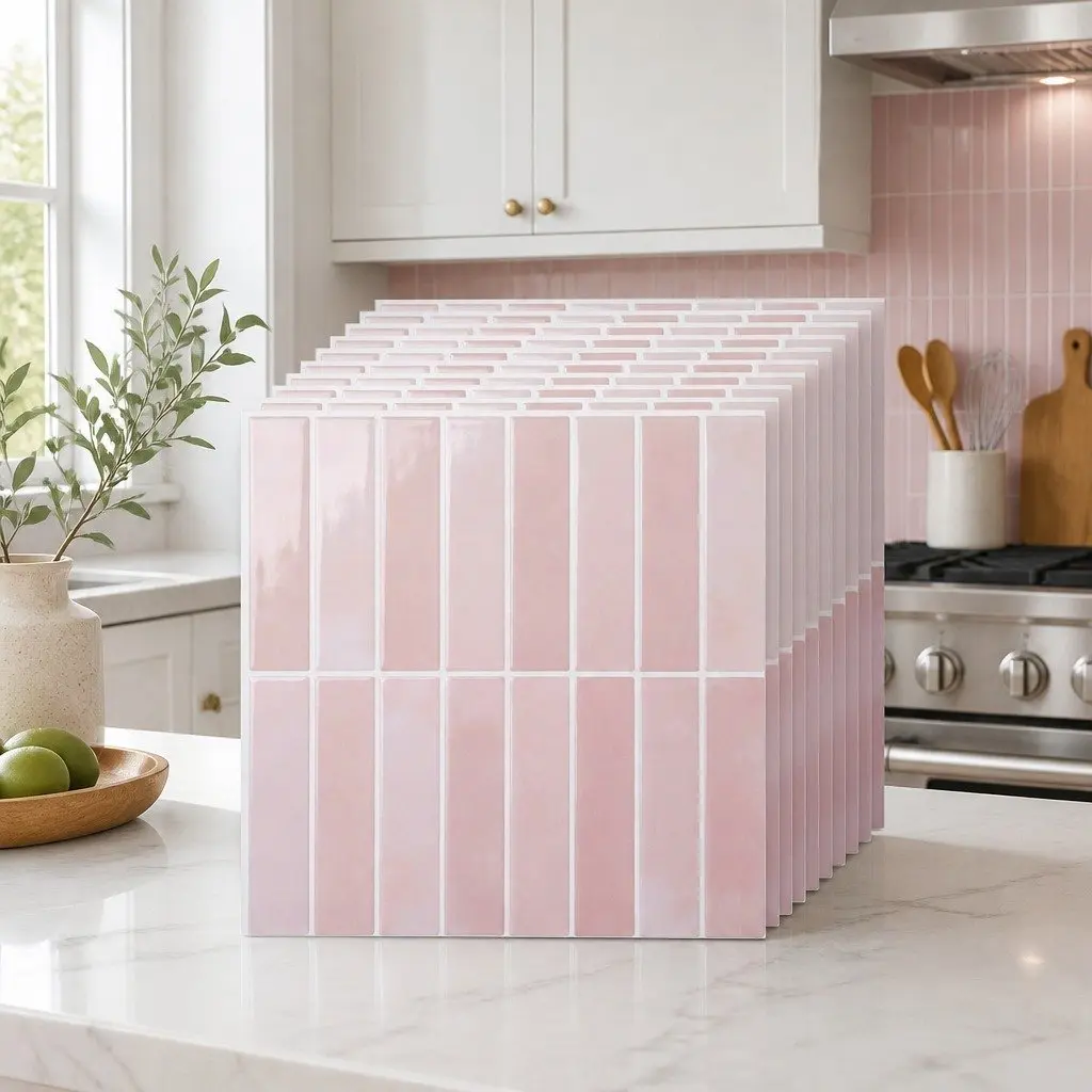 3D Peel and Stick Wall Tiles Pink LinearGrid Subway Backsplash Self Adhesive 30.5 x 30.5 cm