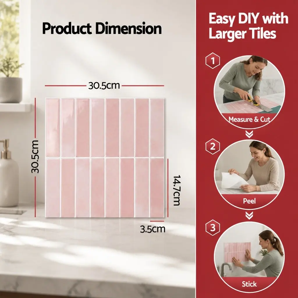 3D Peel and Stick Wall Tiles Pink LinearGrid Subway Backsplash Self Adhesive 30.5 x 30.5 cm