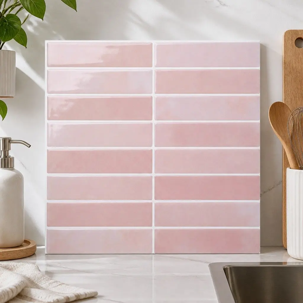 3D Peel and Stick Wall Tiles Pink LinearGrid Subway Backsplash Self Adhesive 30.5 x 30.5 cm