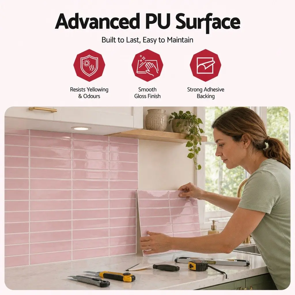 3D Peel and Stick Wall Tiles Pink LinearGrid Subway Backsplash Self Adhesive 30.5 x 30.5 cm