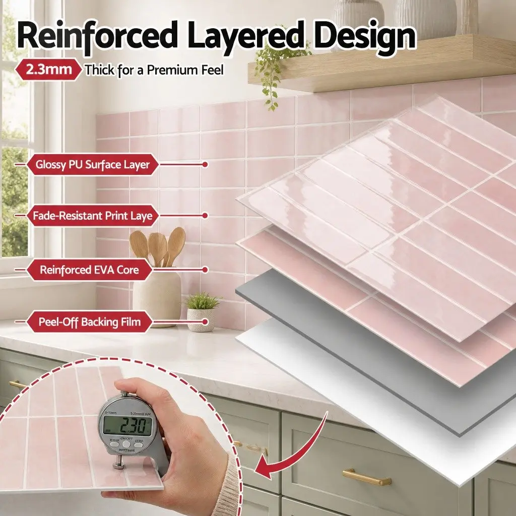 3D Peel and Stick Wall Tiles Pink LinearGrid Subway Backsplash Self Adhesive 30.5 x 30.5 cm