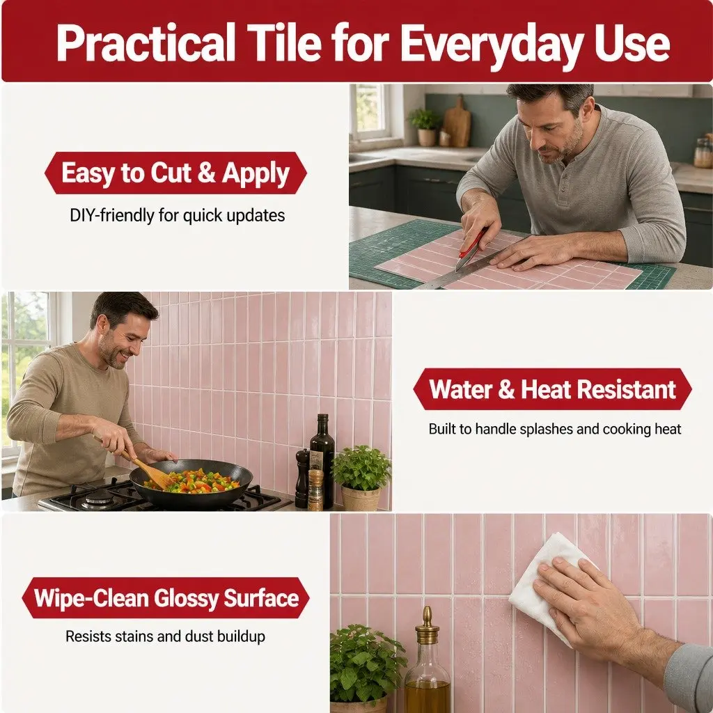 3D Peel and Stick Wall Tiles Pink LinearGrid Subway Backsplash Self Adhesive 30.5 x 30.5 cm
