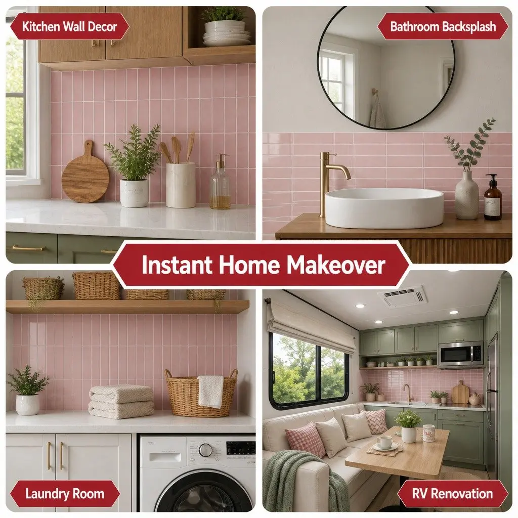 3D Peel and Stick Wall Tiles Pink LinearGrid Subway Backsplash Self Adhesive 30.5 x 30.5 cm
