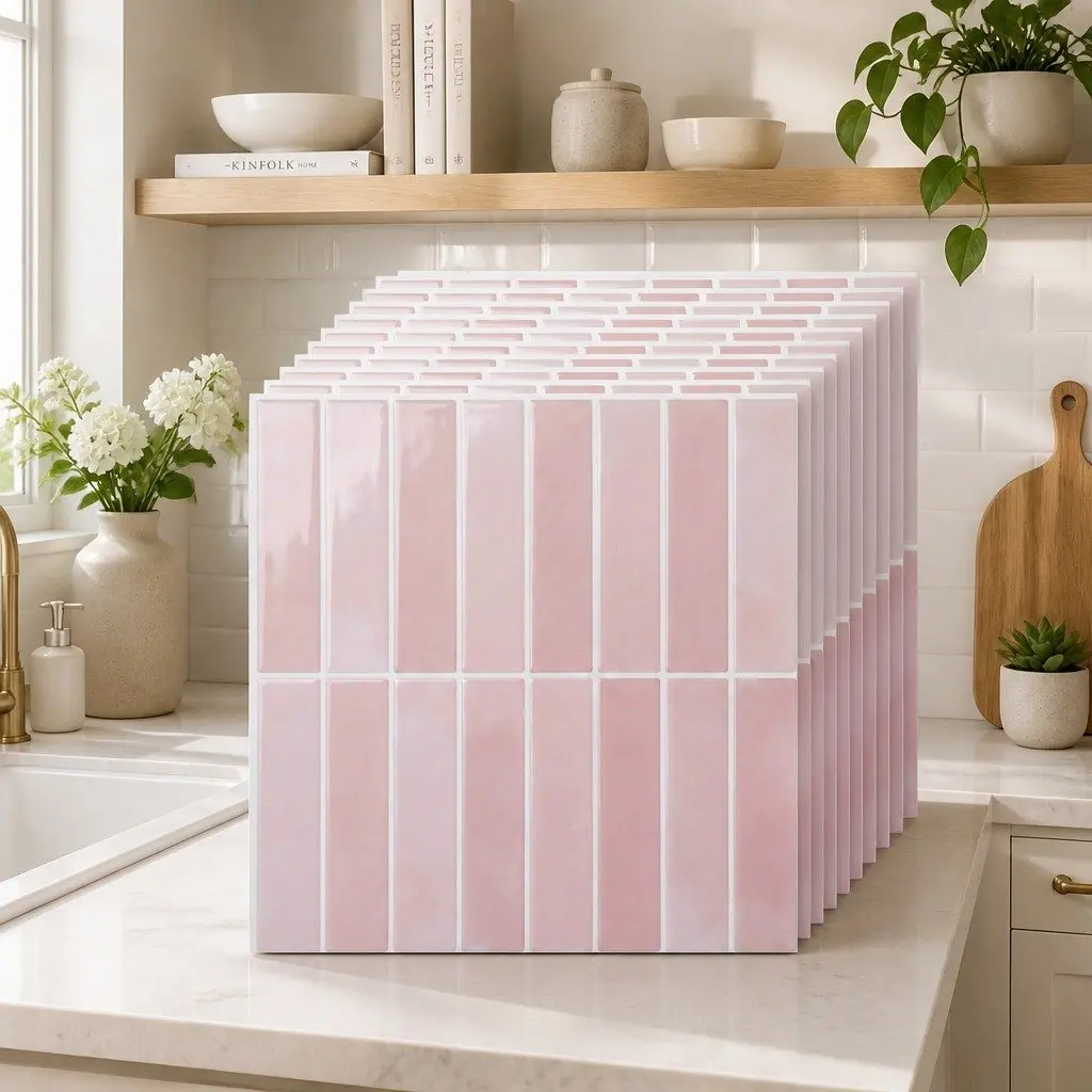 3D Peel and Stick Wall Tiles Pink LinearGrid Subway Backsplash Self Adhesive 30.5 x 30.5 cm