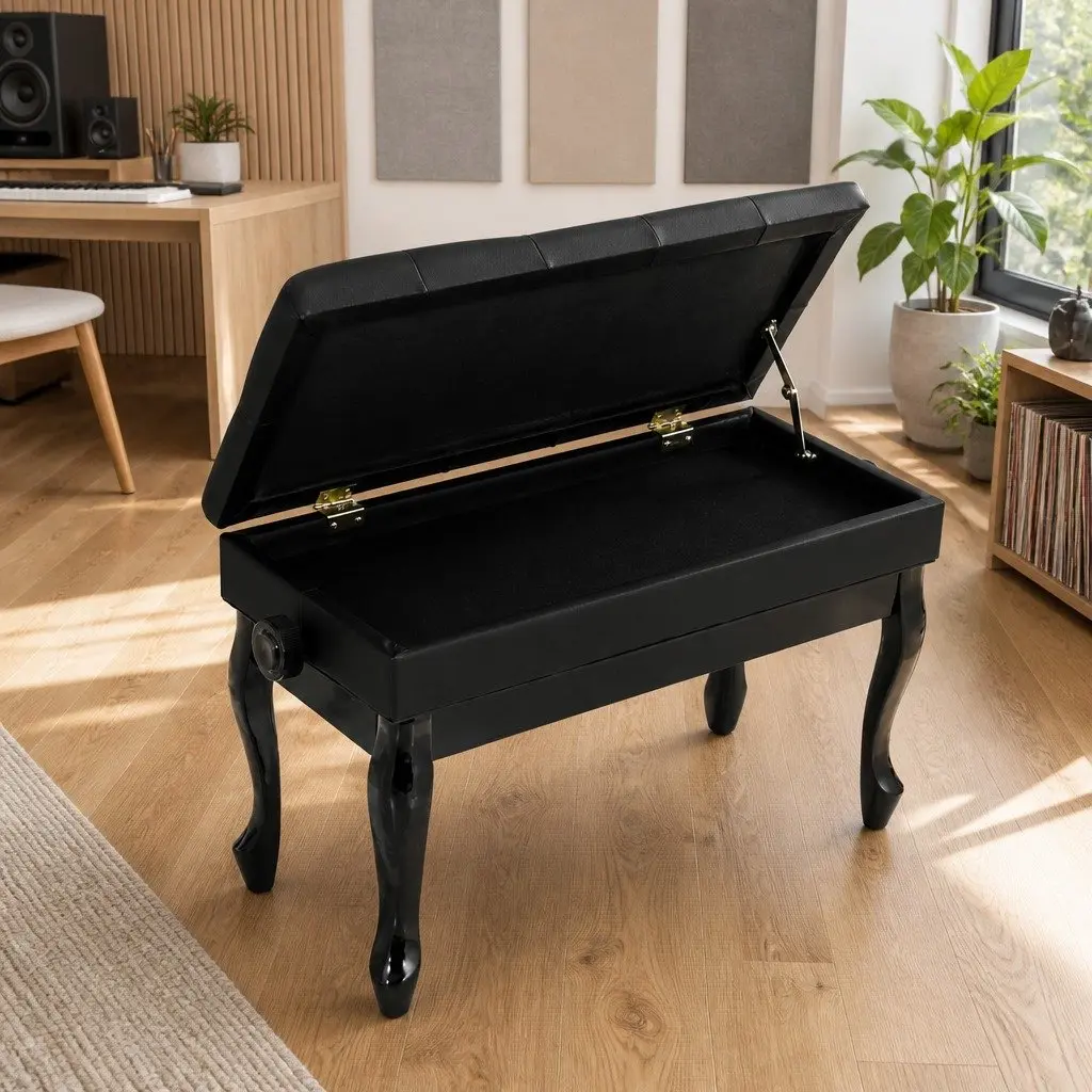 Piano Bench Adjustable Height Storage Keyboard Seat Black