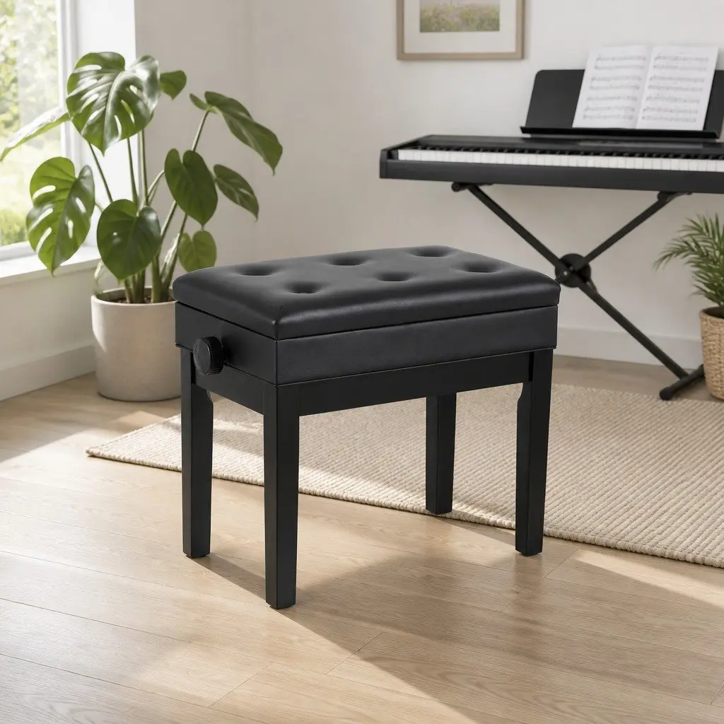 Adjustable Piano Bench Wooden Keyboard Seat Padded Music Chair Black
