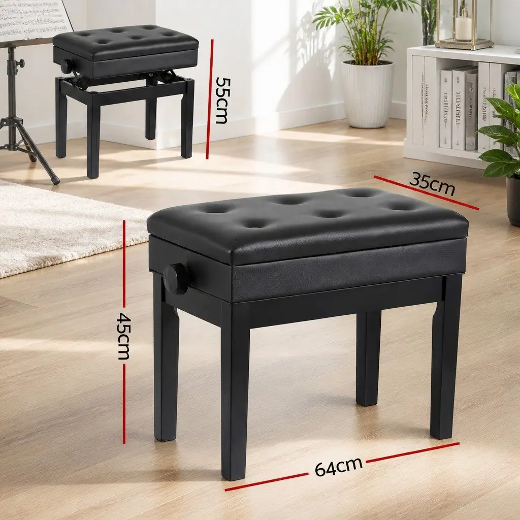 Adjustable Piano Bench Wooden Keyboard Seat Padded Music Chair Black