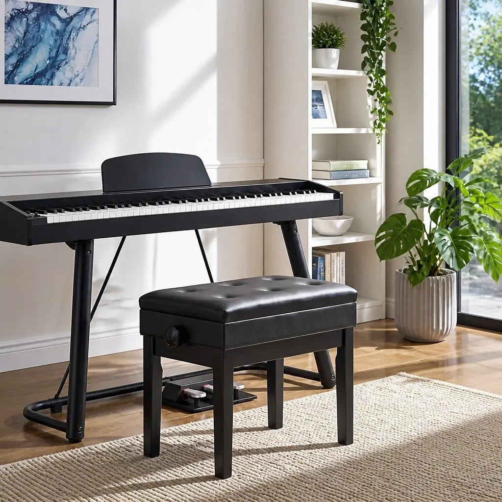 Adjustable Piano Bench Wooden Keyboard Seat Padded Music Chair Black