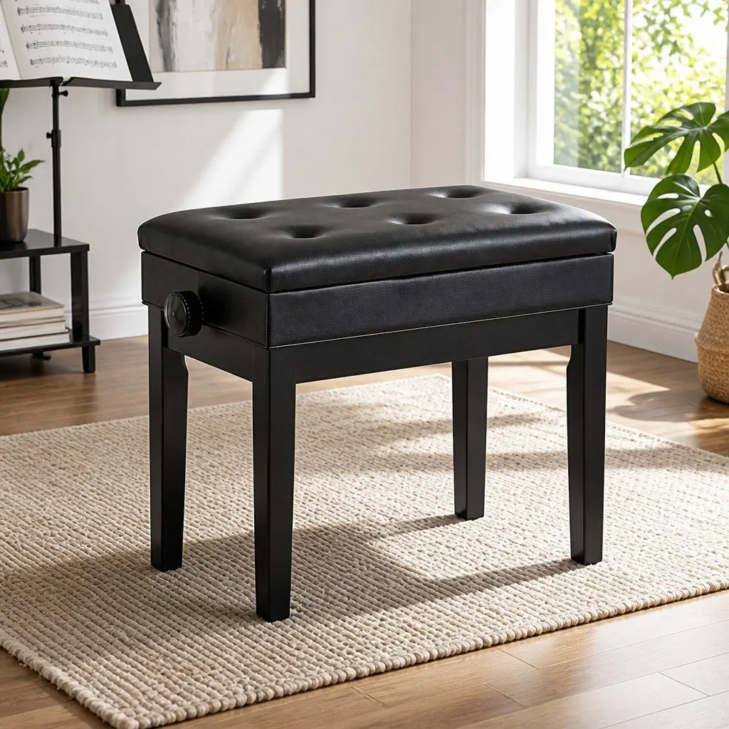 Adjustable Piano Bench Wooden Keyboard Seat Padded Music Chair Black