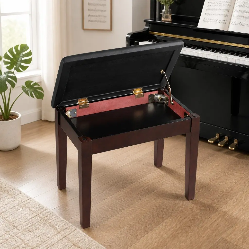 Piano Bench Stool Storage Wooden Frame PU Leather Seat Cushion 55x34x50cm Brown