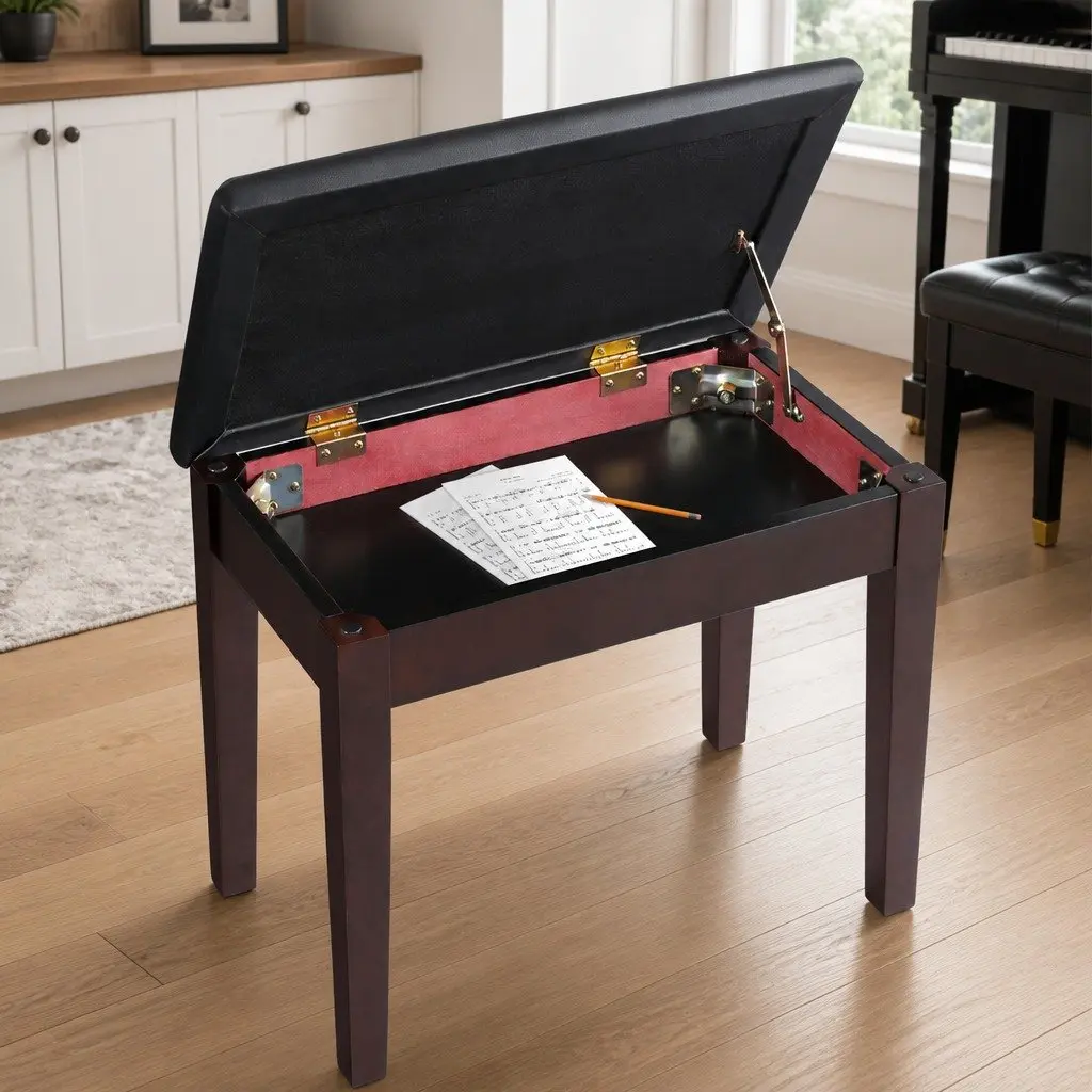 Piano Bench Stool Storage Wooden Frame PU Leather Seat Cushion 55x34x50cm Brown