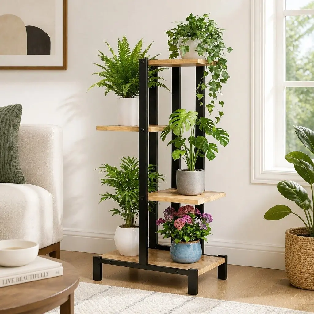 4-Tier Plant Stand Metal Frame Flower Pots Shelf Indoor Outdoor Black Oak