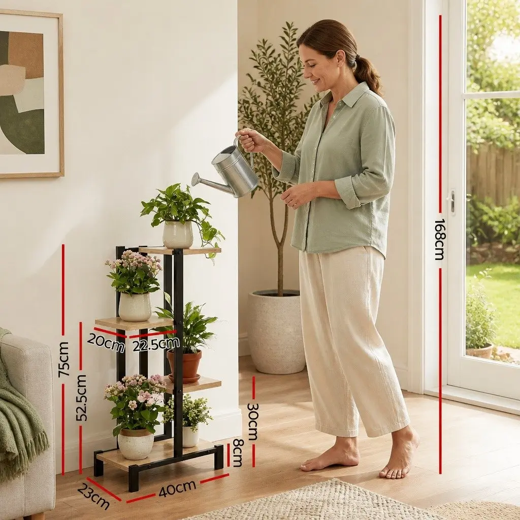 4-Tier Plant Stand Metal Frame Flower Pots Shelf Indoor Outdoor Black Oak