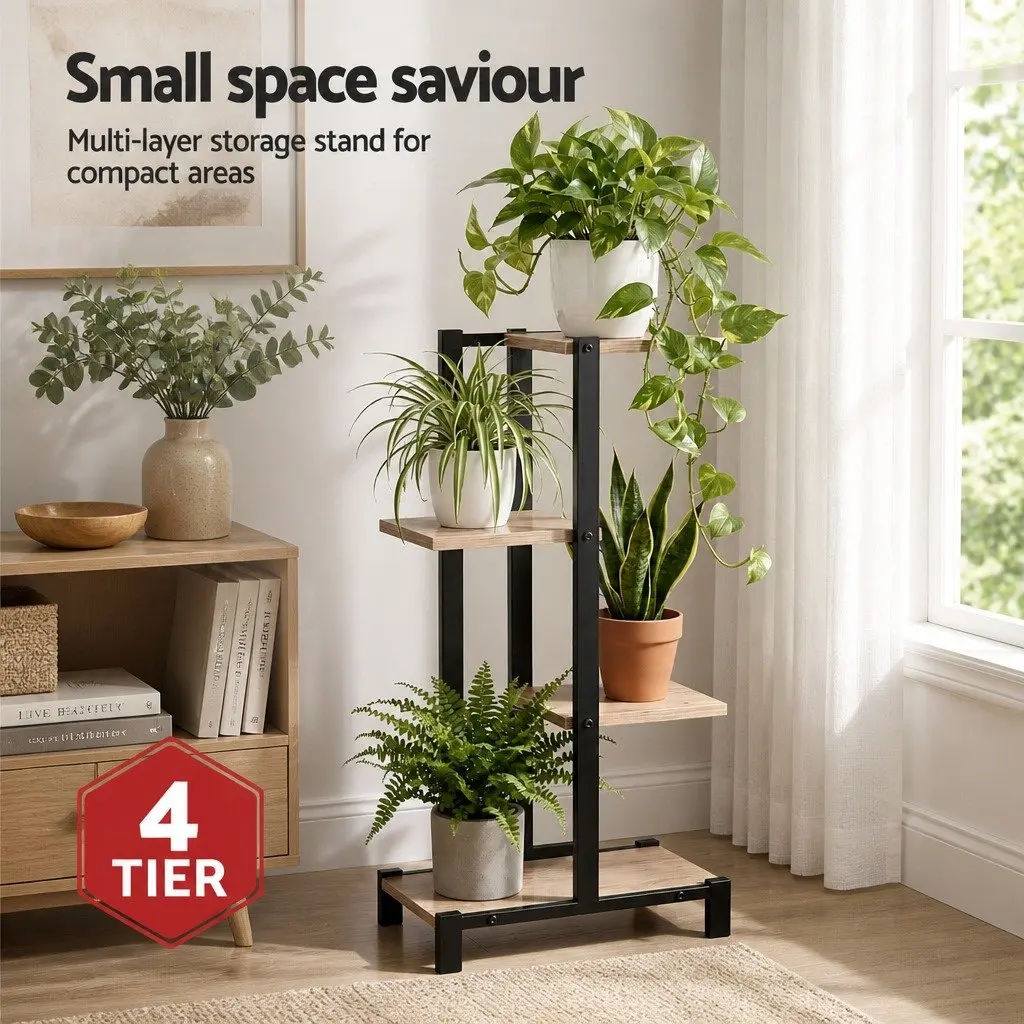 4-Tier Plant Stand Metal Frame Flower Pots Shelf Indoor Outdoor Black Oak