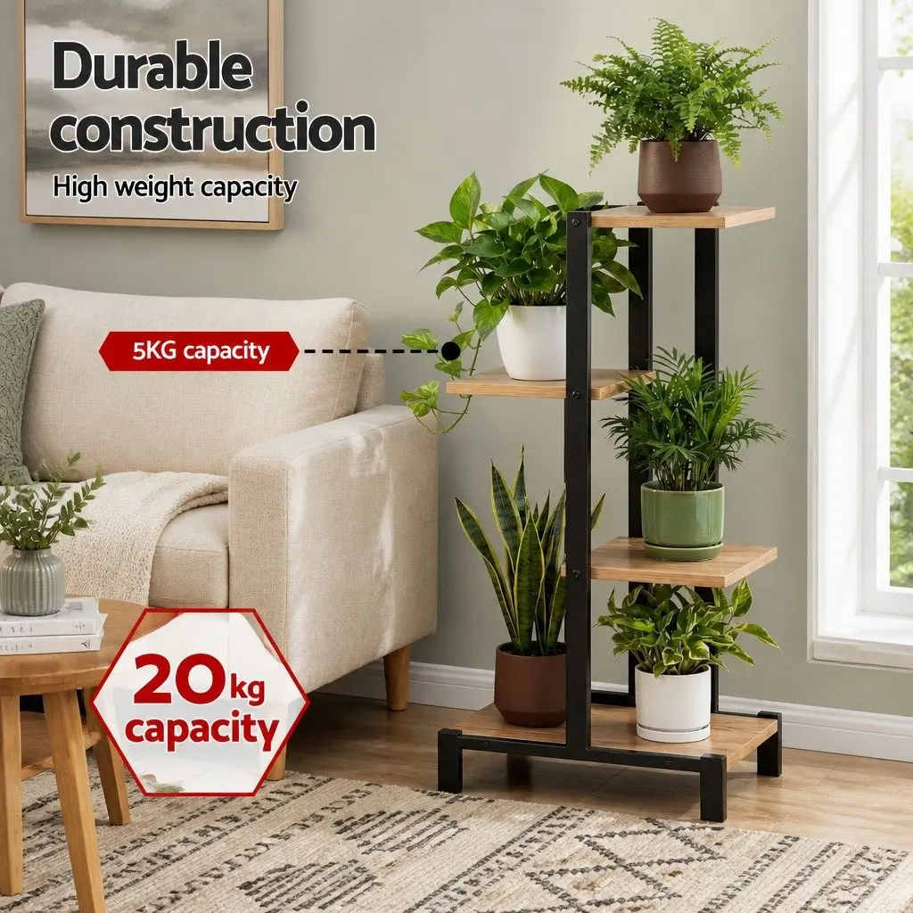 4-Tier Plant Stand Metal Frame Flower Pots Shelf Indoor Outdoor Black Oak