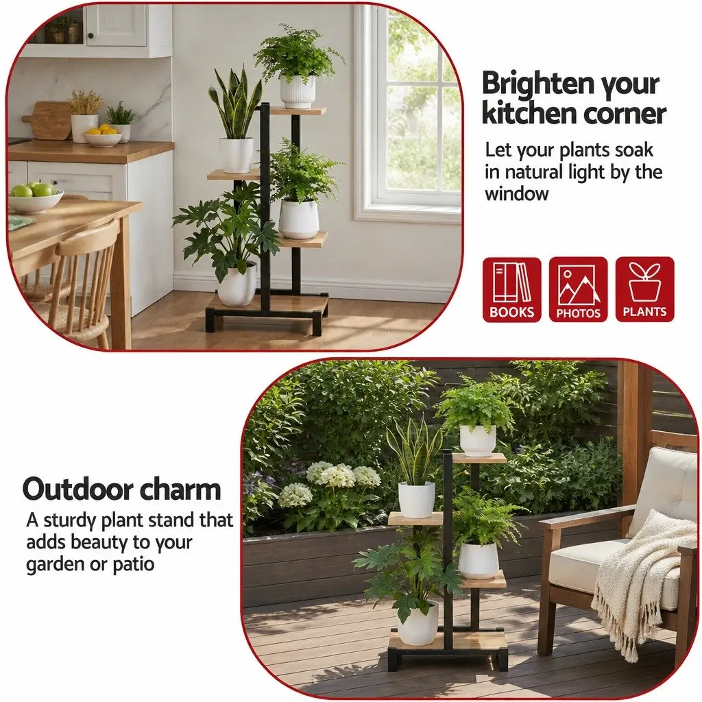4-Tier Plant Stand Metal Frame Flower Pots Shelf Indoor Outdoor Black Oak