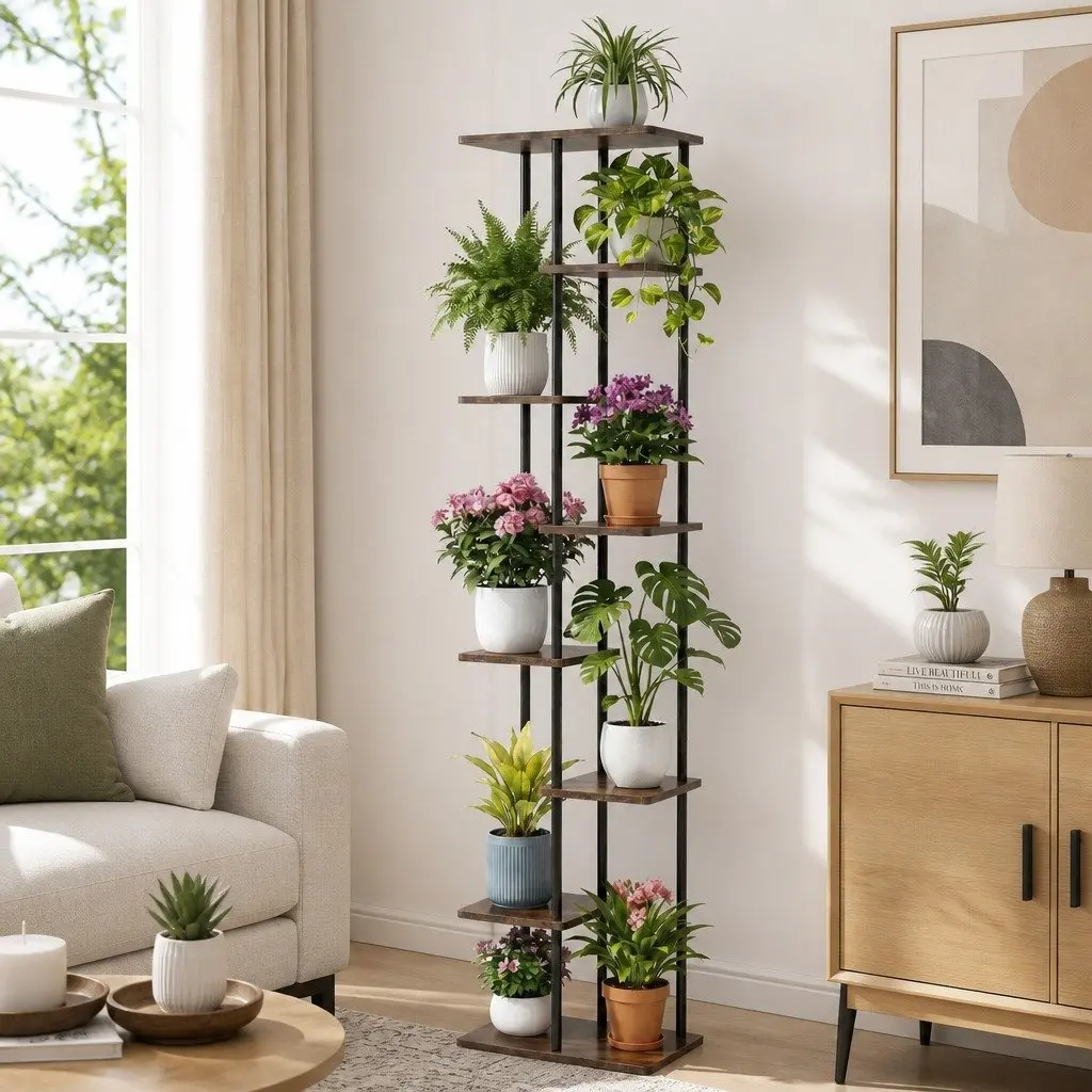 8-Tier Plant Stand Metal Flower Shelf Indoor Outdoor Garden Display Organiser Black and Brown 40cm W x 24cm D x 169cm H