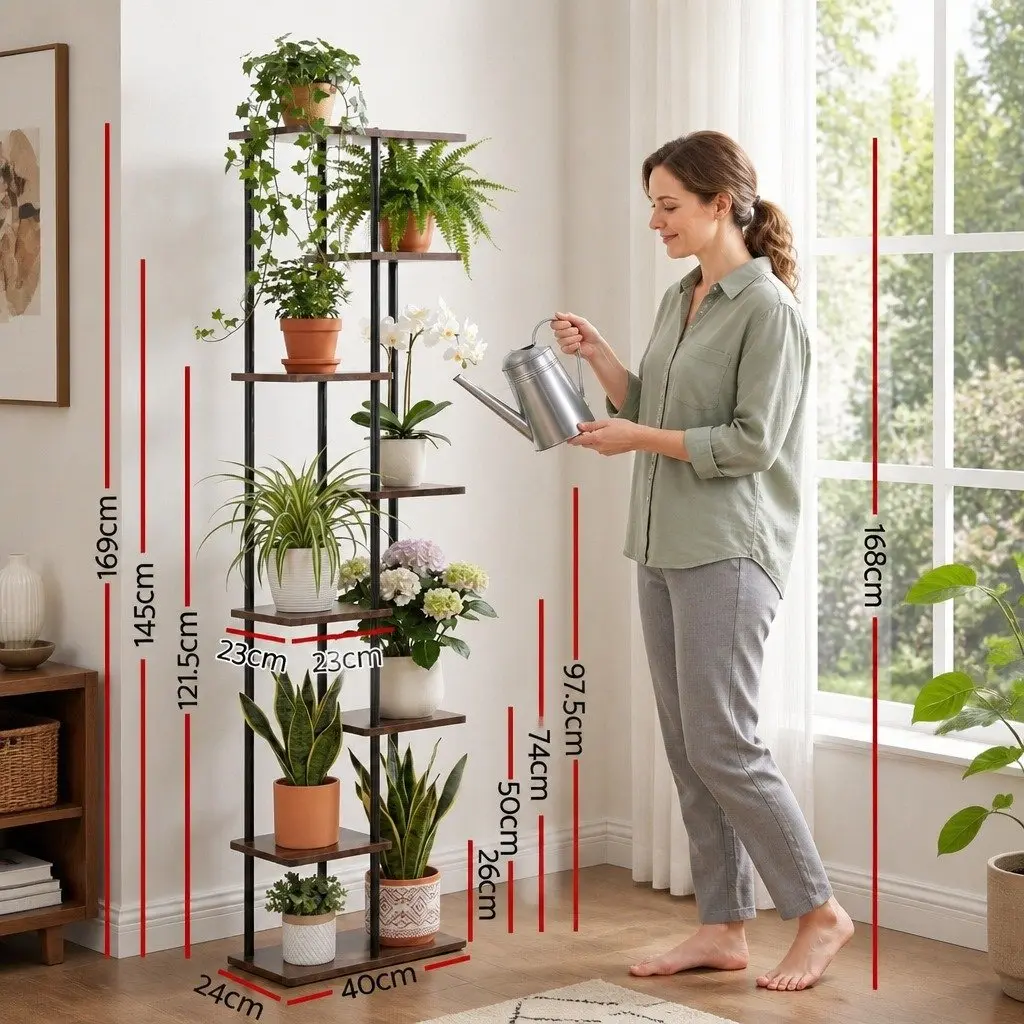 8-Tier Plant Stand Metal Flower Shelf Indoor Outdoor Garden Display Organiser Black and Brown 40cm W x 24cm D x 169cm H